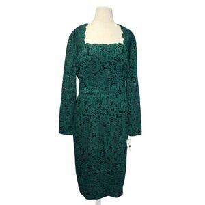 Maggy London Lace Cocktail Dress sz 14 Green Black Square Neck Long Sleeve Midi